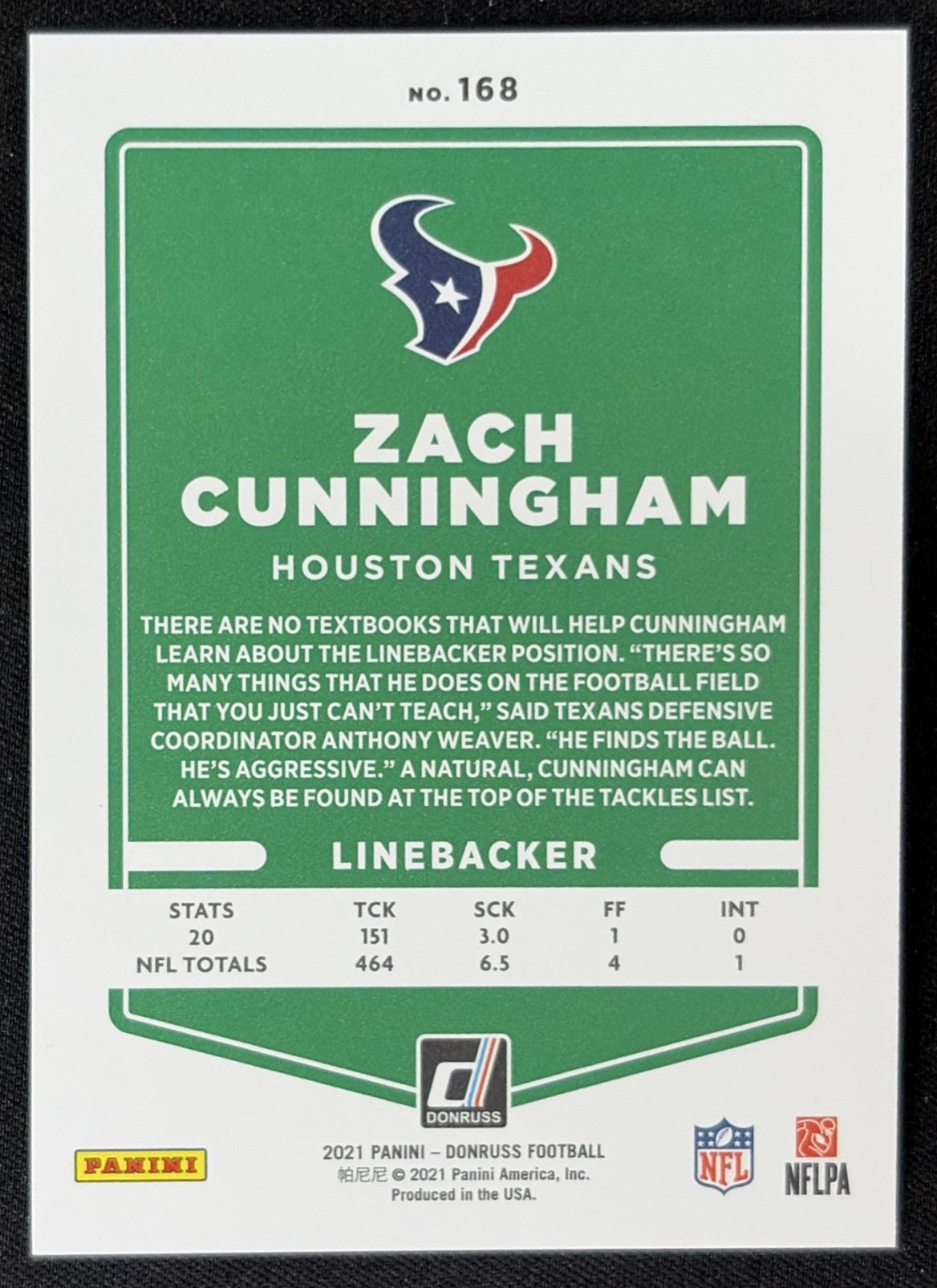 Zach Cunningham 2021 Panini Donruss Press Proof Premium Texans Sports Trading Card