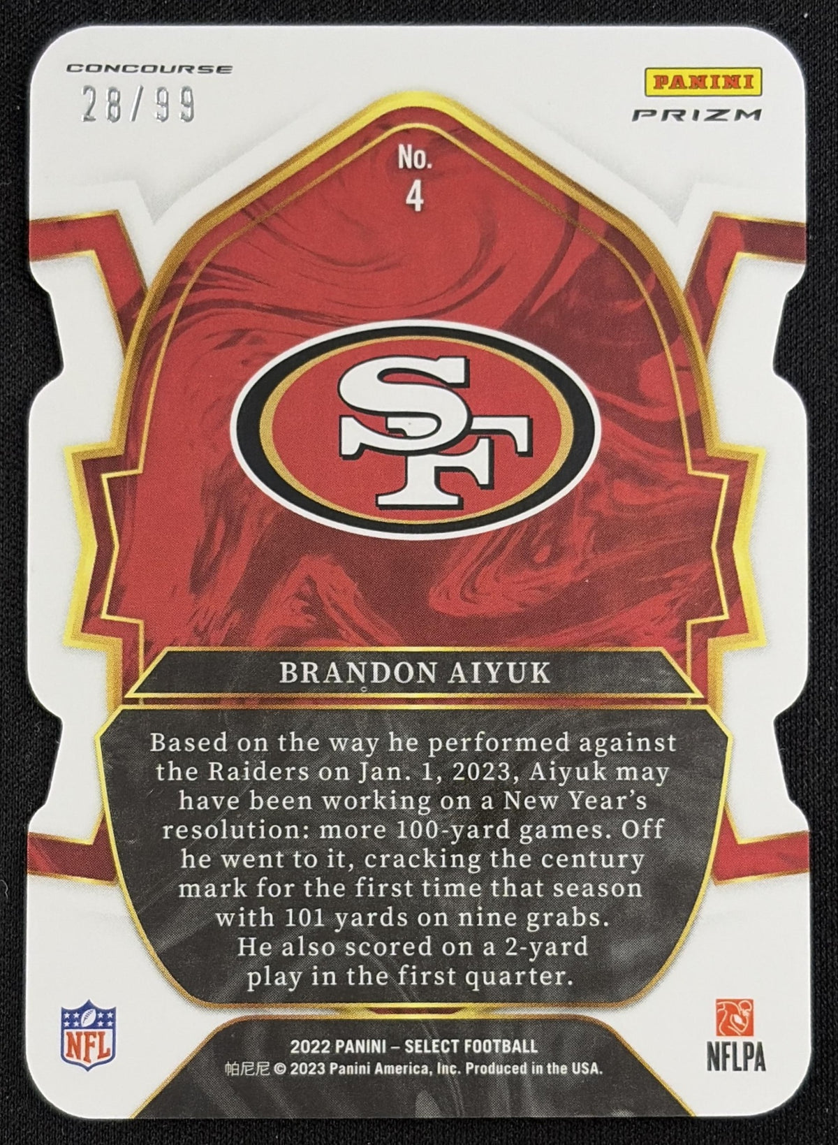 Brandon Aiyuk 2022 Panini Select White Prizm Die Cut /99 49ers - Back