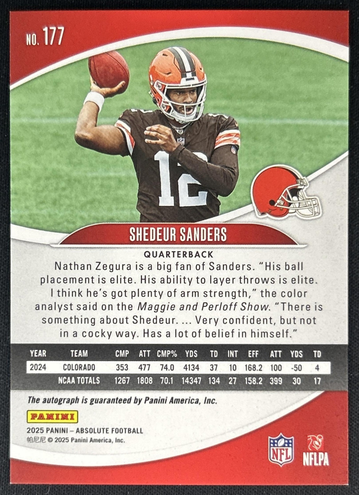 Shedeur Sanders 2025 Panini Absolute Signature Rookies Browns 2 Back
