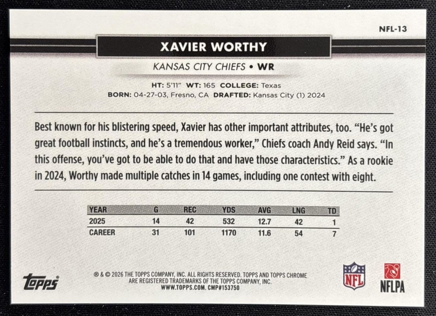 Xavier Worthy 2026 Topps NSCC Collection NFL Gold Refractor /50 Sports Trading Cards