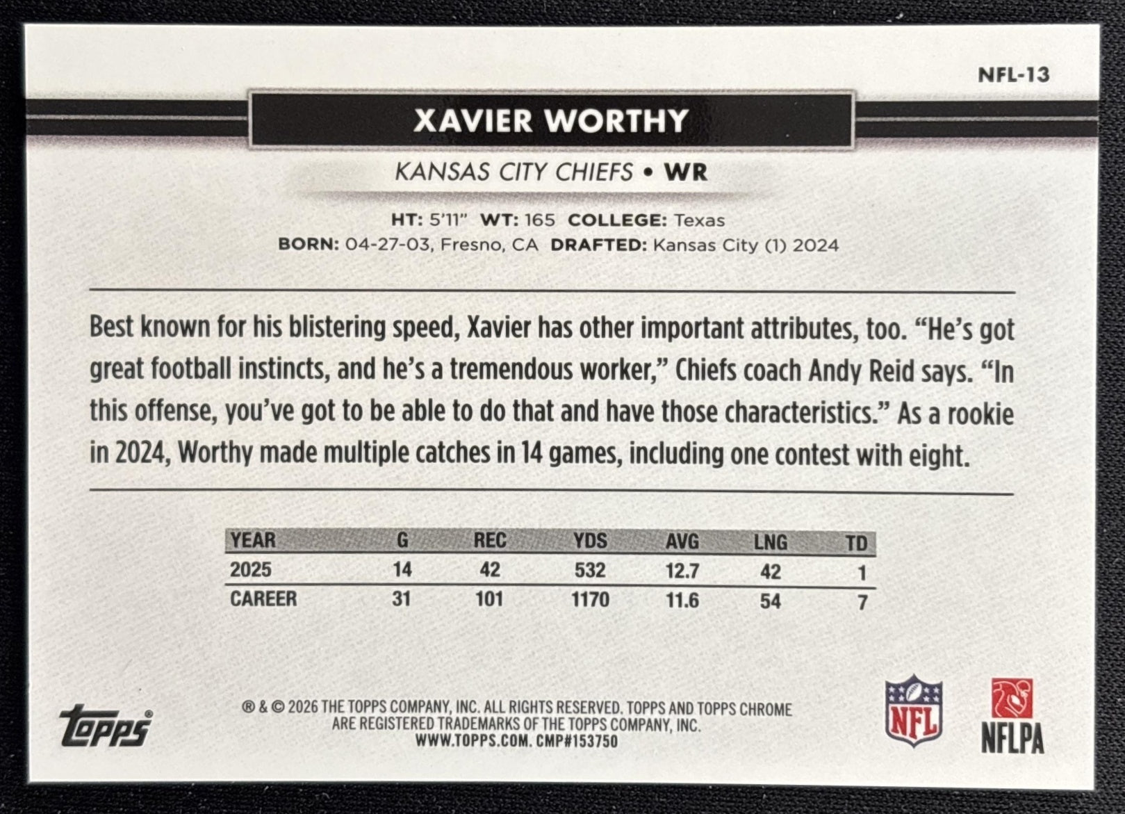 Xavier Worthy 2026 Topps NSCC Collection NFL Gold Refractor /50 Sports Trading Cards