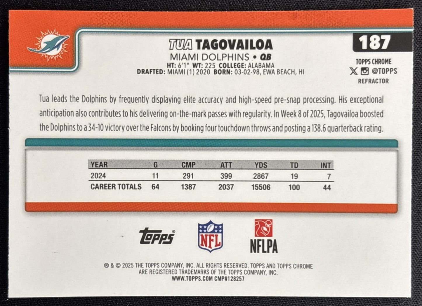 Tua Tagovailoa 2025 Topps Chrome Refractor Dolphins Sports Trading Cards