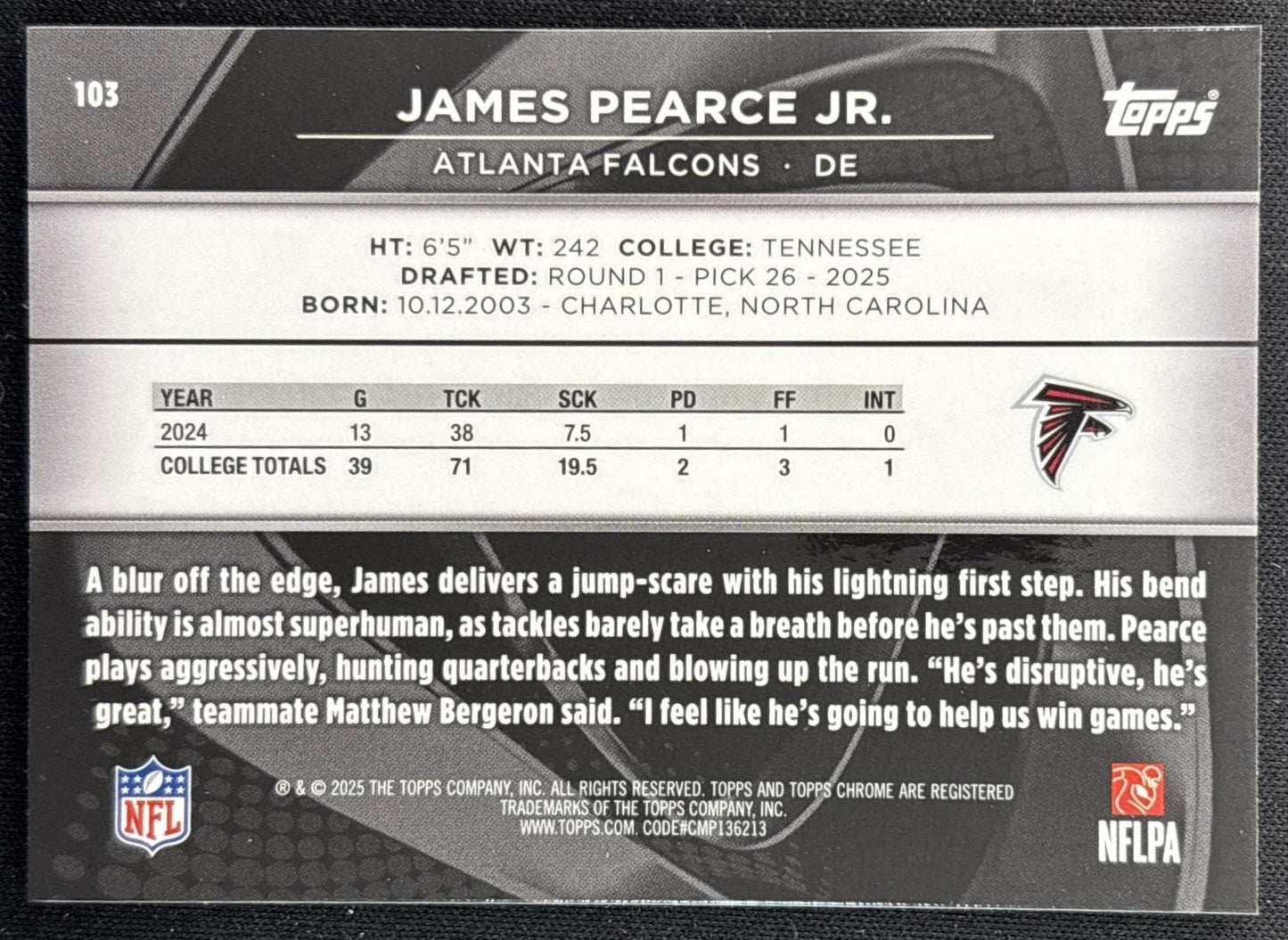 James Pearce Jr. 2025 Topps Chrome Black Falcons back