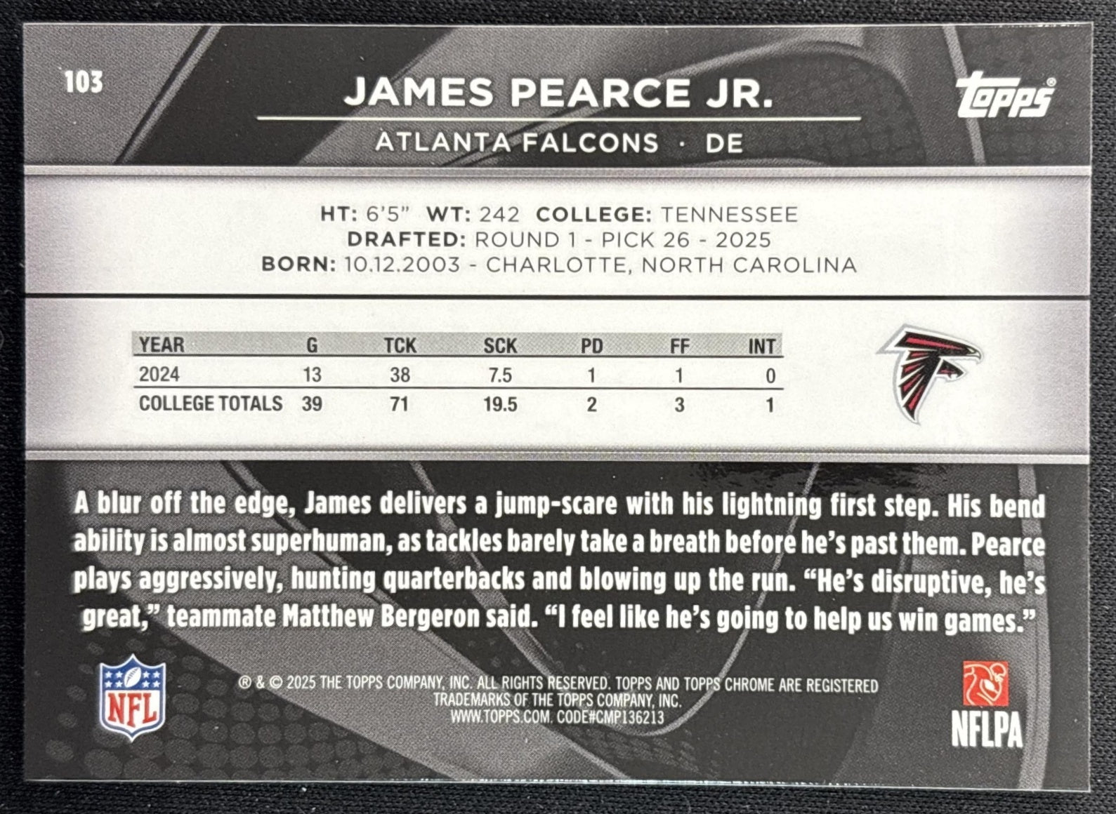 James Pearce Jr. 2025 Topps Chrome Black Falcons back