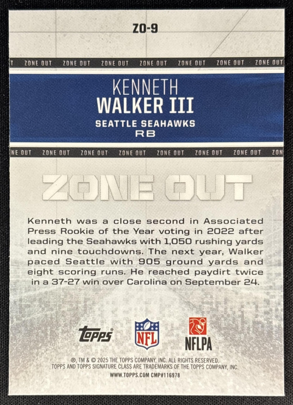 Kenneth Walker III 2025 Topps Signature Class Zone Out Seahawks back