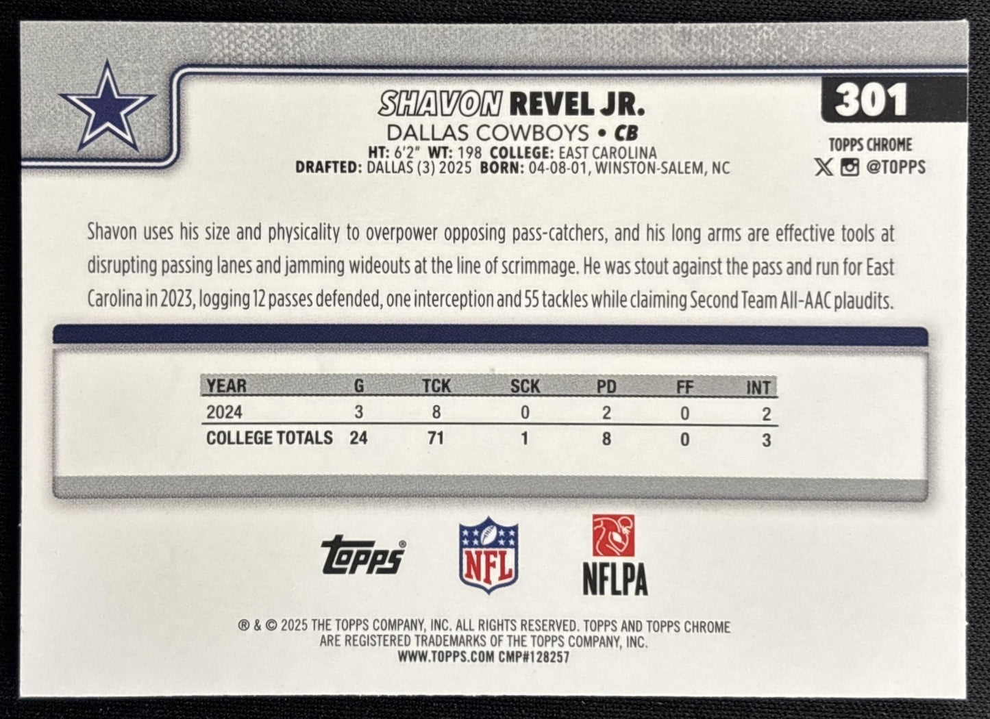 Shavon Revel Jr. 2025 Topps Chrome Rookie Teal Refractor /299 Cowboys Sports Trading Cards