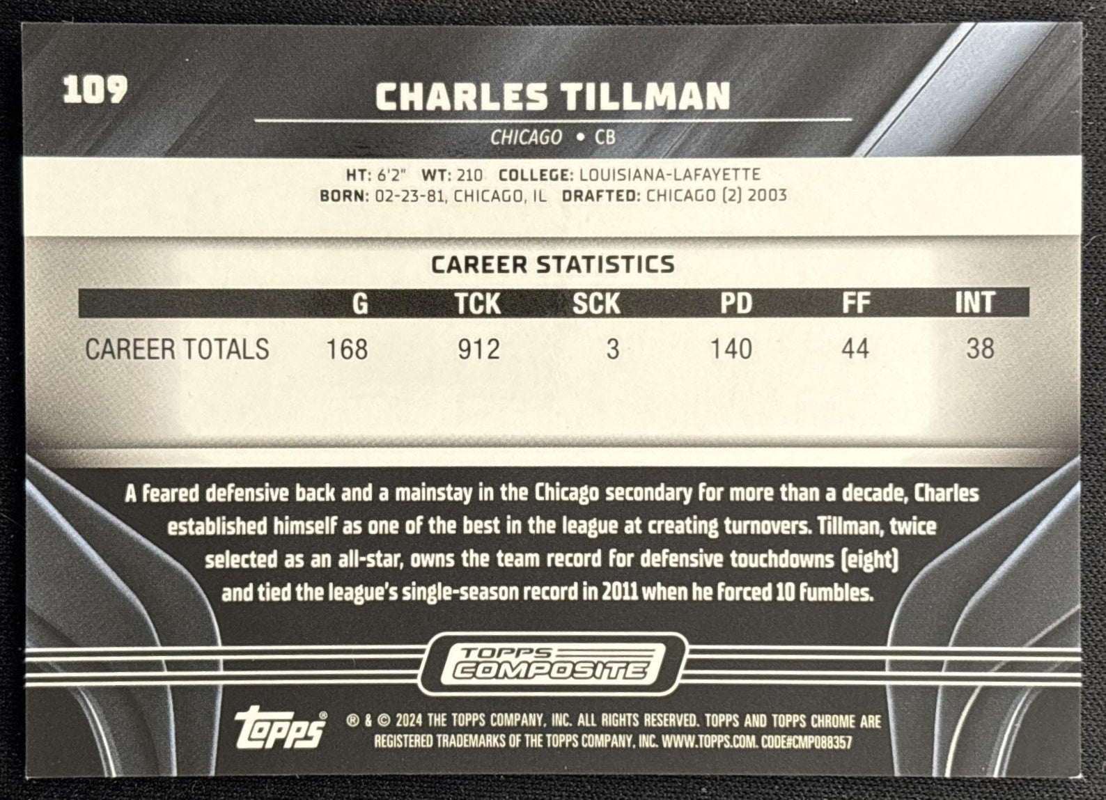 Charles Tillman 2023 Topps Composite Chrome Black Blue Refractor /75 Bears back