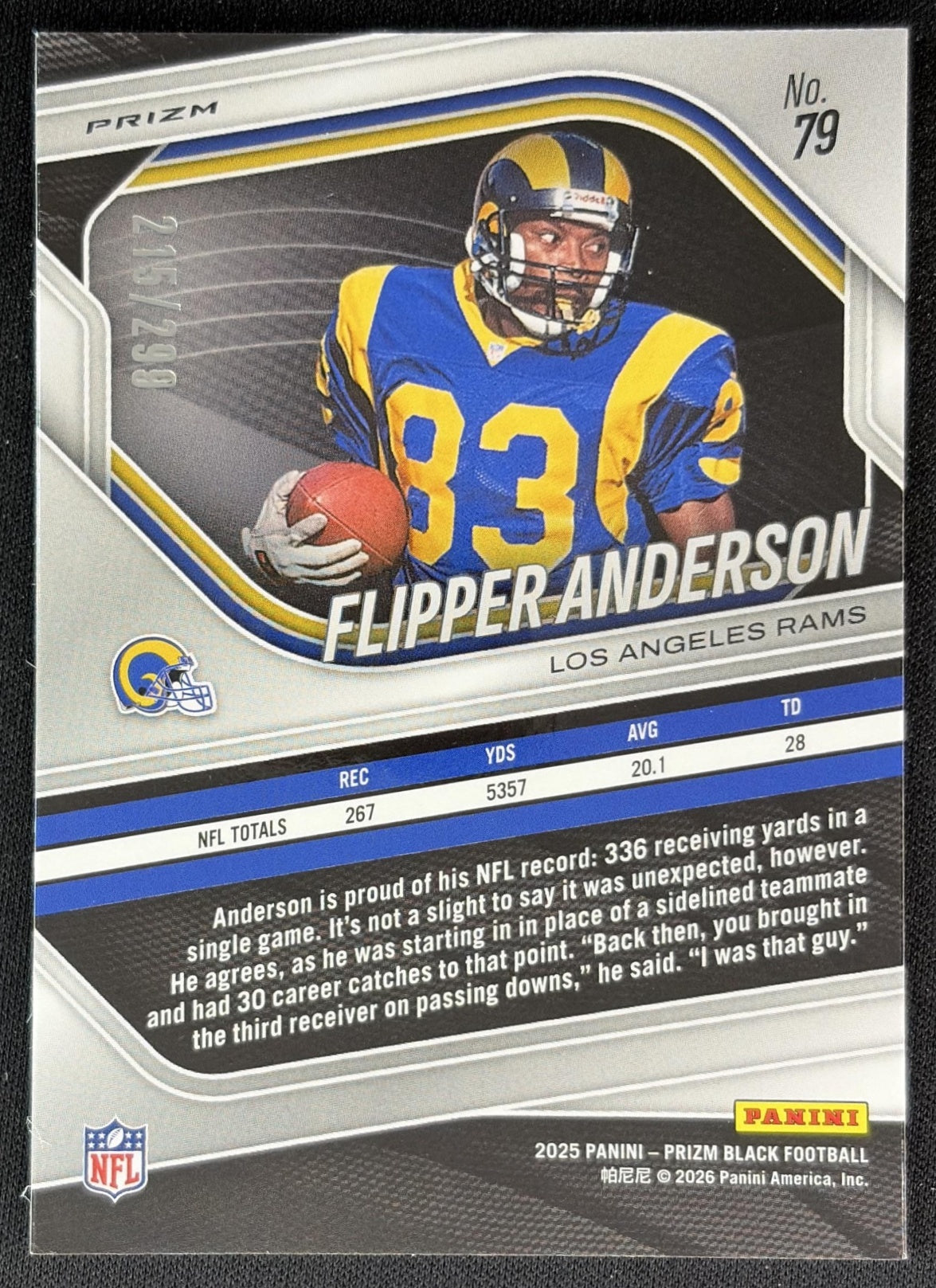 Flipper Anderson 2025 Panini Prizm Black Red /299 Rams Back