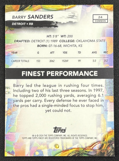 Barry Sanders 2024 Topps Finest Purple Refractor /250 Lions