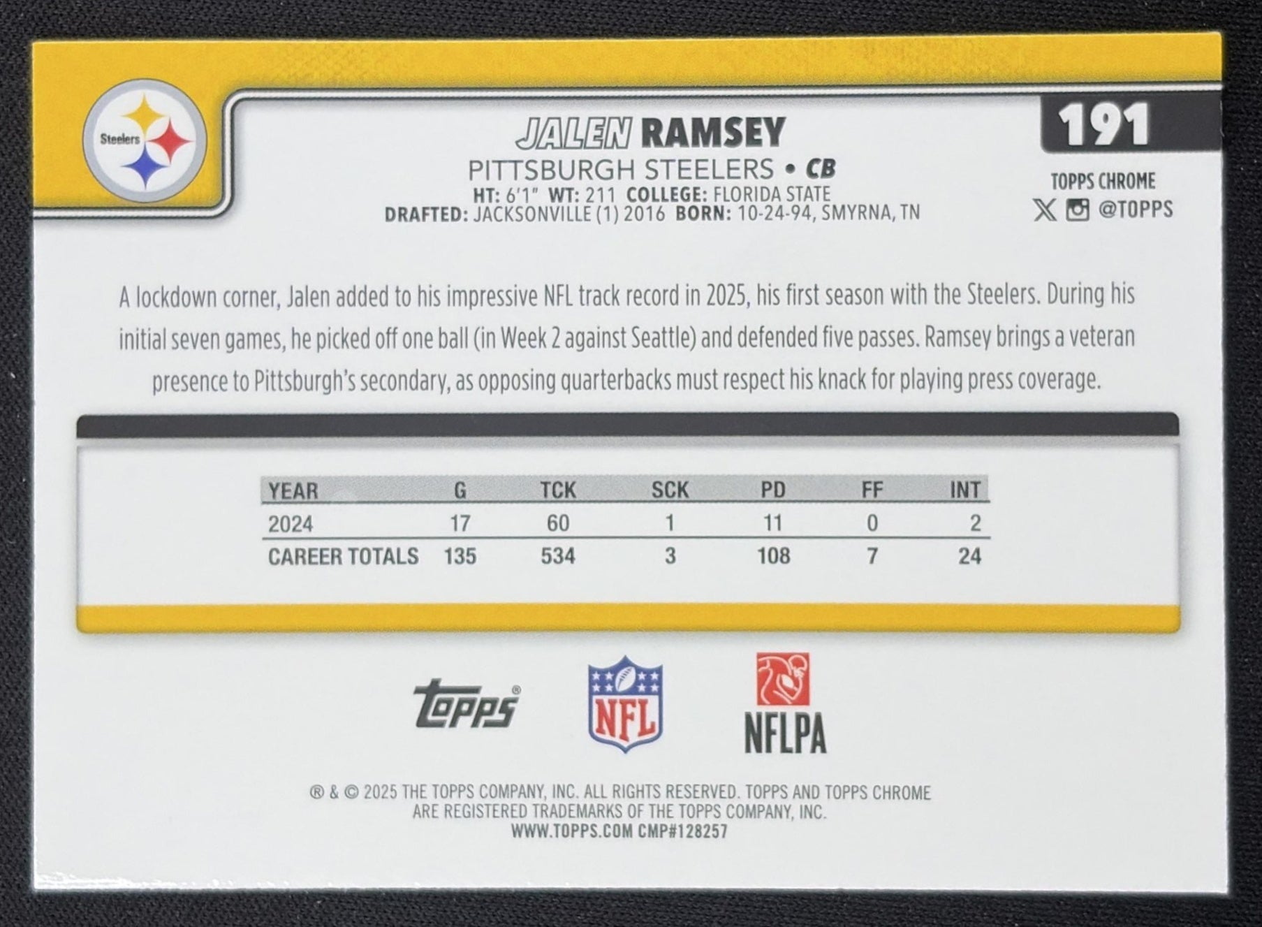 Jalen Ramsey 2025 Topps Chrome Blue Wave Refractor /150 Steelers Pittsburgh Steelers