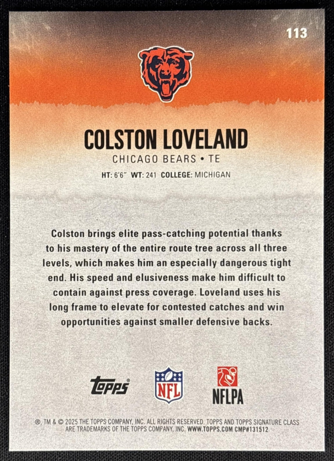 Colston Loveland 2025 Topps Signature Class Rookie Bears Sports Trading Cards