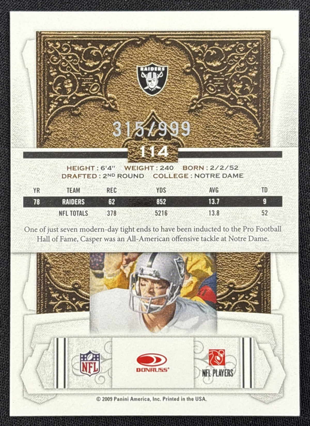 Dave Casper 2009 Panini Donruss Classics /999 Raiders