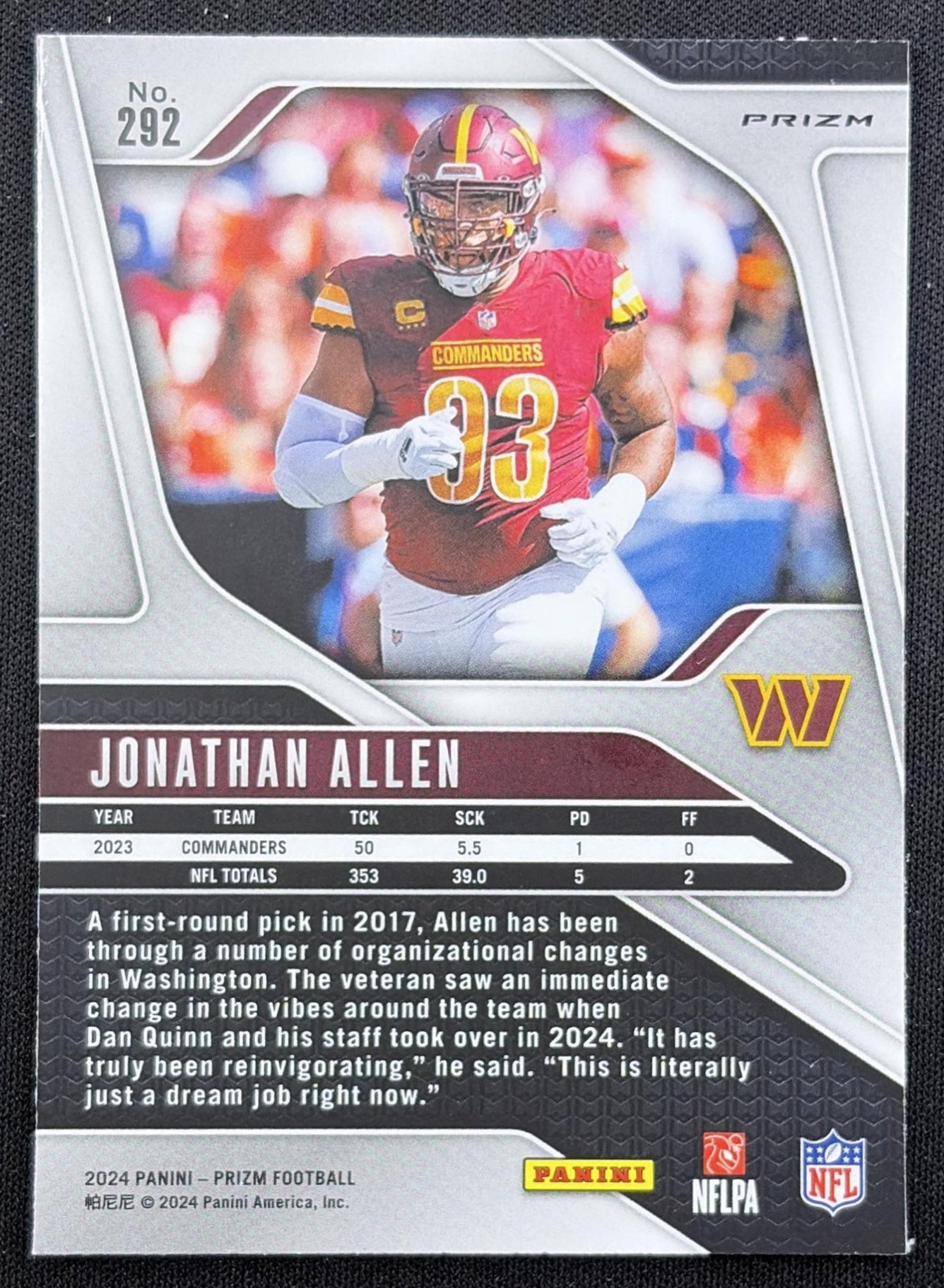 Jonathan Allen 2024 Panini Prizm Green Wave Commanders back