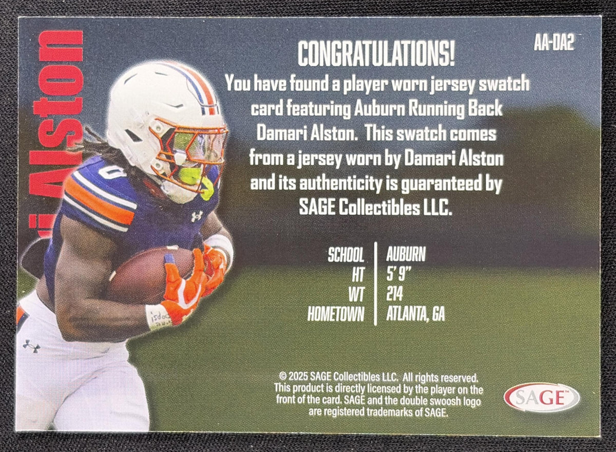 Damari Alston 2026 SAGE Athlete Apparel Swatch High Series Tigers