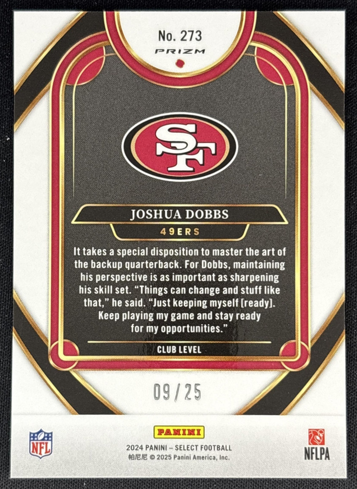 Joshua Dobbs 2024 Panini Select Club Tie-Dye Prizm /25 49ers back