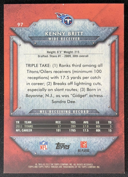Kenny Britt 2012 Topps Triple Threads /989 Titans back
