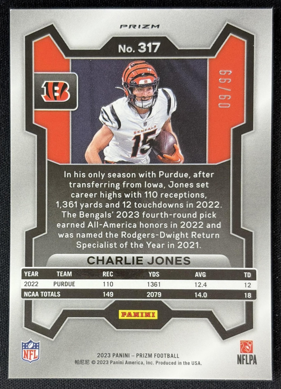 Charlie Jones 2023 Panini Prizm Purple Wave /99 Bengals back