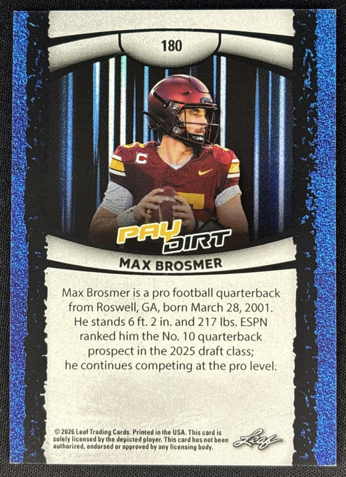 Max Brosmer 2026 Leaf Paydirt Orange /99 Sports Trading Cards