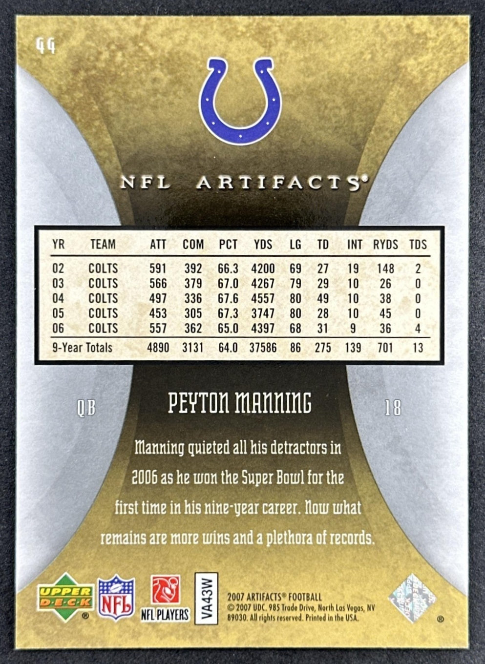 Peyton Manning 2007 Upper Deck Artifacts Colts Sports Trading Card