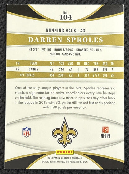 Darren Sproles 2013 Panini Certified Mirror Red /250 Saints Sports Trading Card