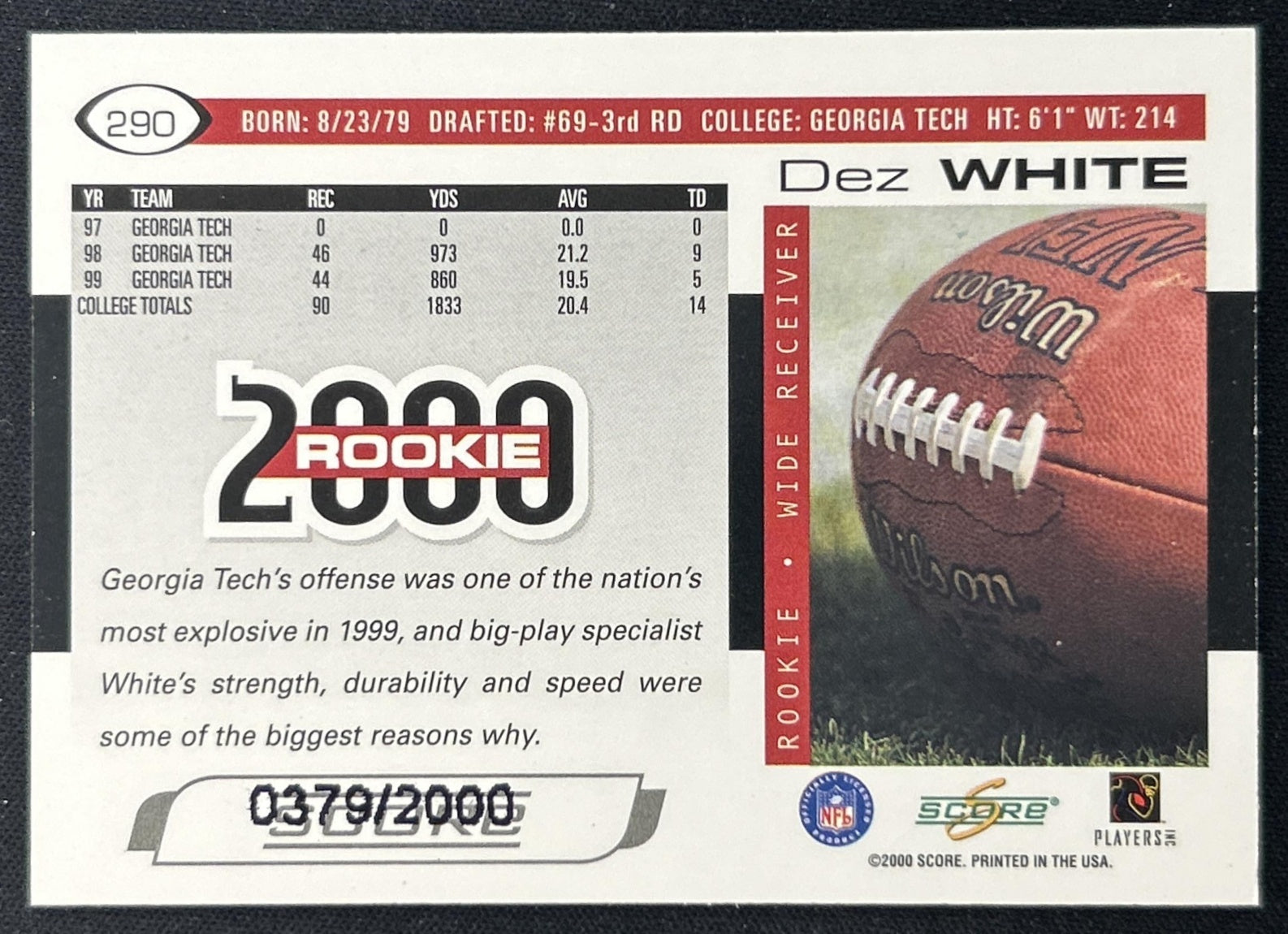 Dez White 2000 Score Scorecard /2000 Yellow Jackets back