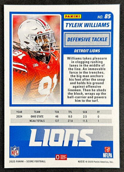 Tyleik Williams 2025 Panini Score Rookies Red Lions Sports Trading Card