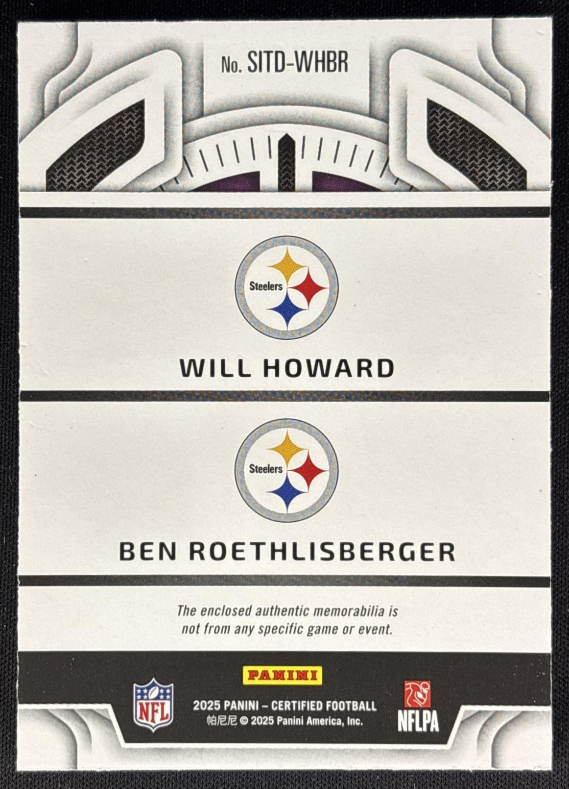 Will Howard Ben Roethlisberger 2025 Certified Stitches in Time Dual Mirror Etch Pink /35 Steelers Sports Trading Card