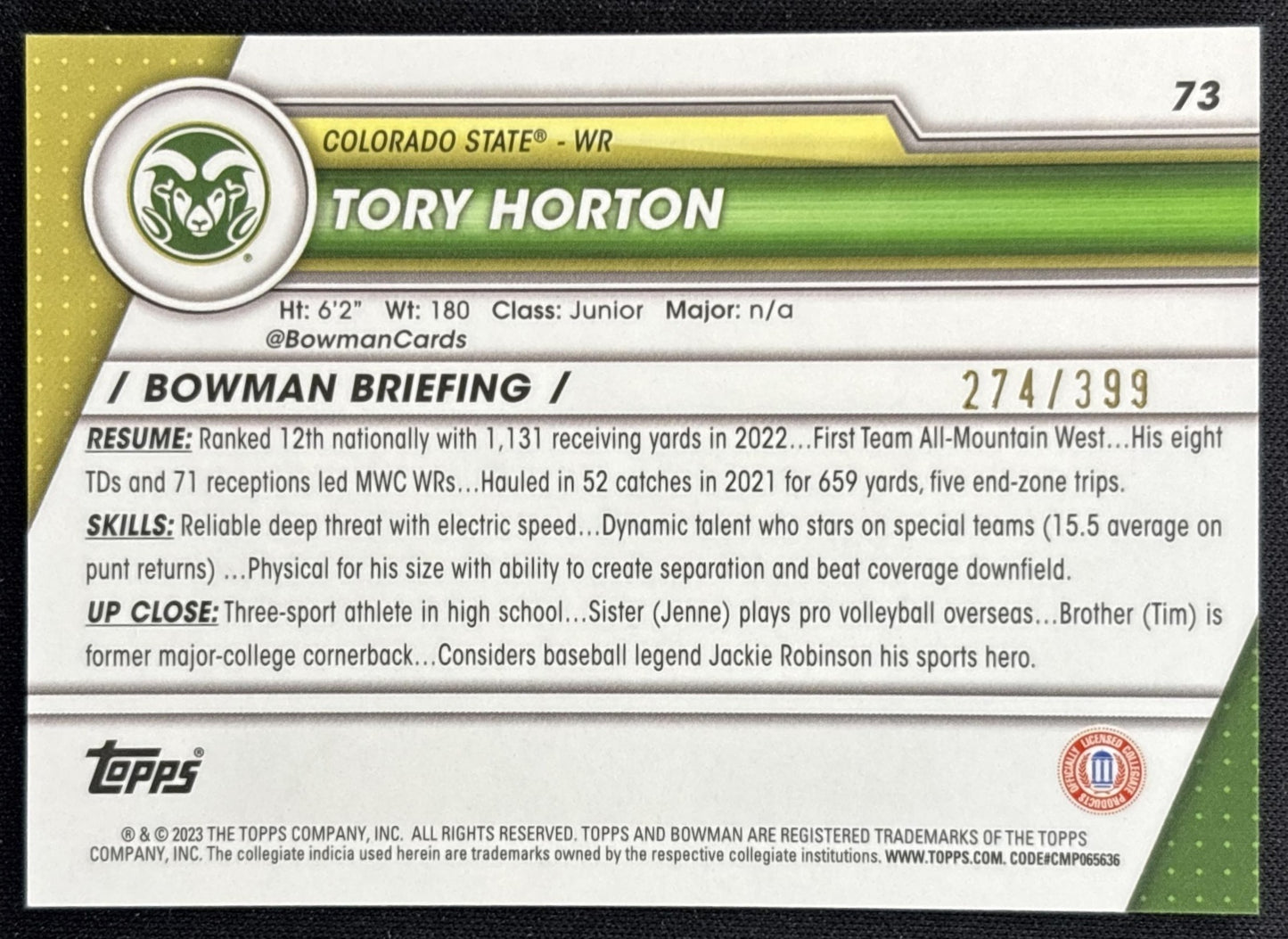 Tory Horton 2023 University Chrome Purple Mini Diamond Refractor /399 Rams back