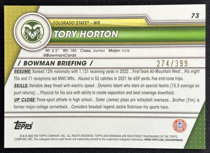 Tory Horton 2023 University Chrome Purple Mini Diamond Refractor /399 Rams back