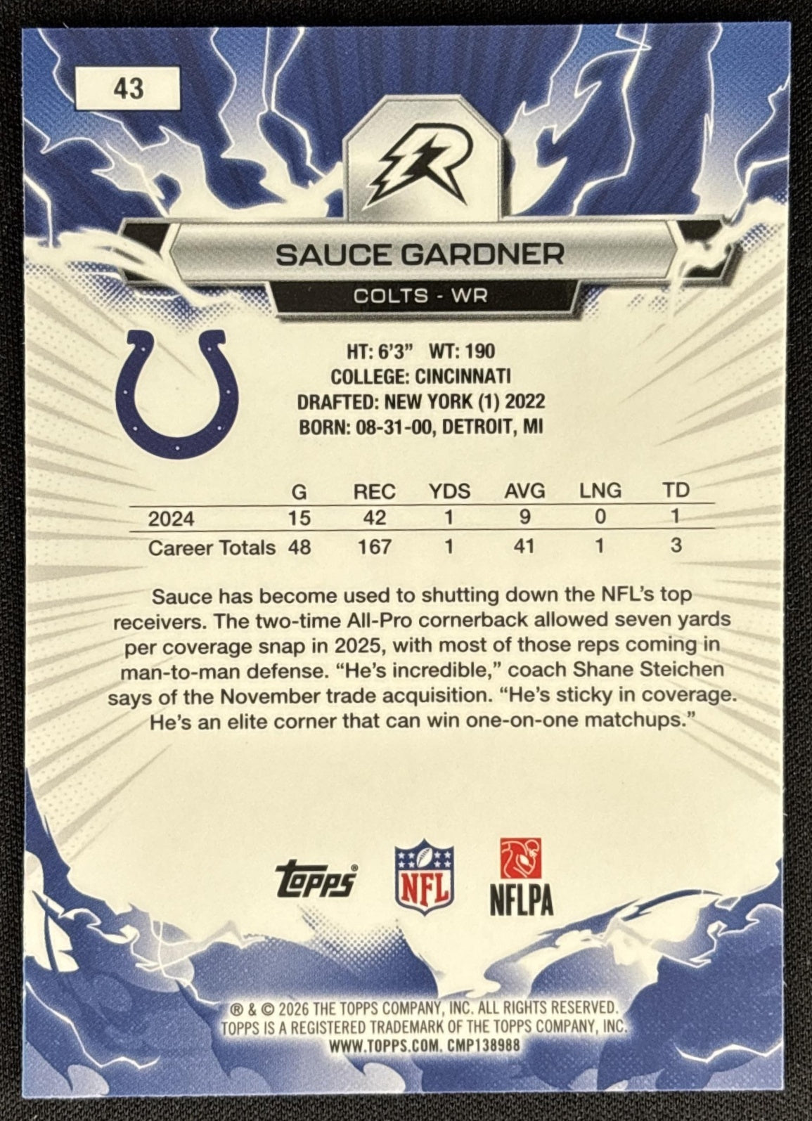 Sauce Gardner 2025 Topps Resurgence Blue and Orange Spark Refractor Colts