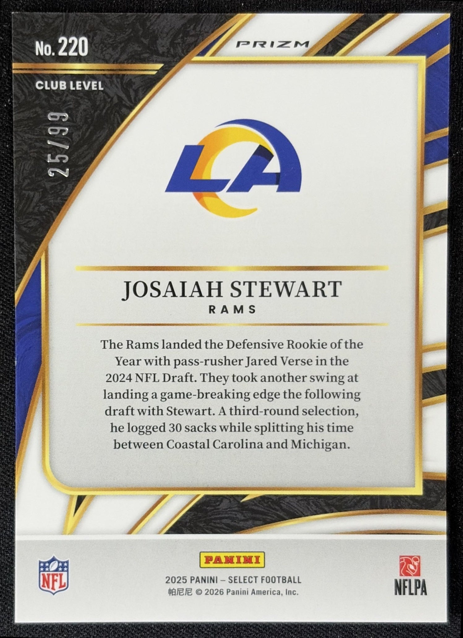 Josaiah Stewart 2025 Panini Select Club Level Blue Prizm /99 Rams back