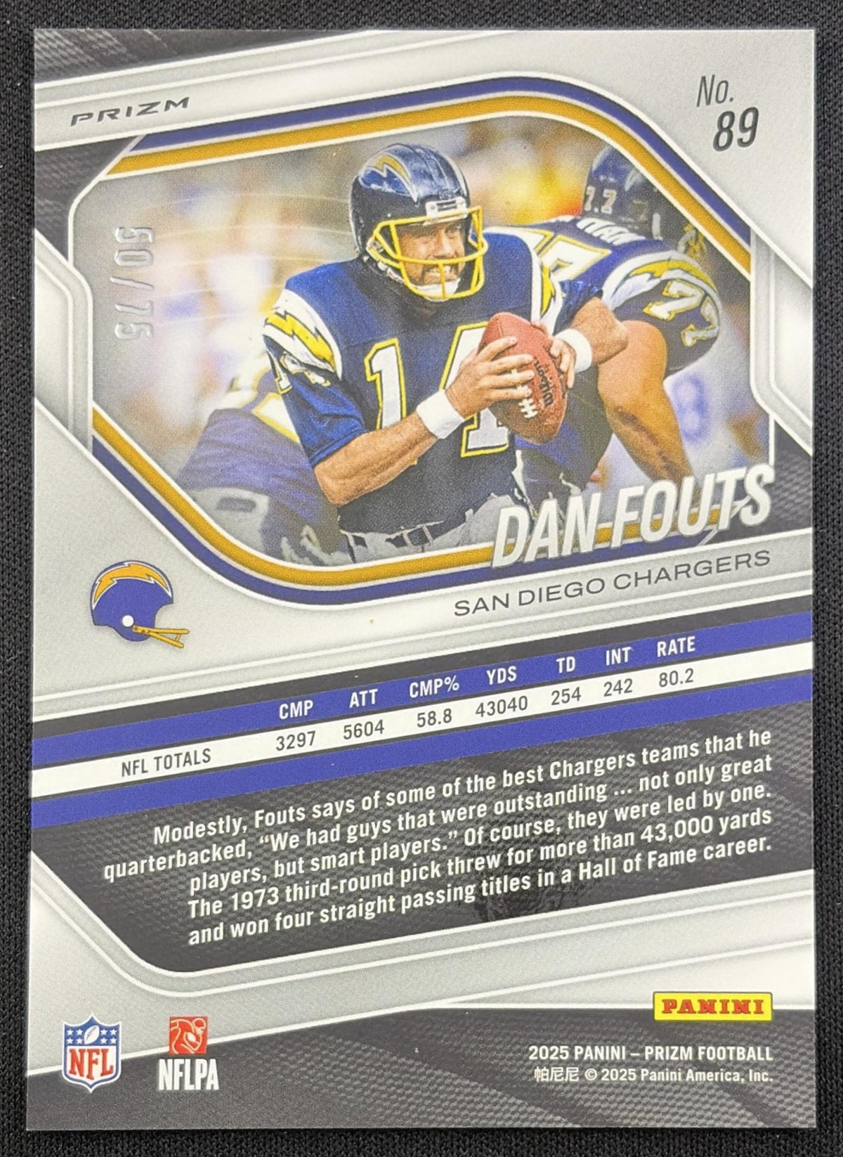 Dan Fouts 2025 Panini Prizm No Huddle Purple /75 Chargers