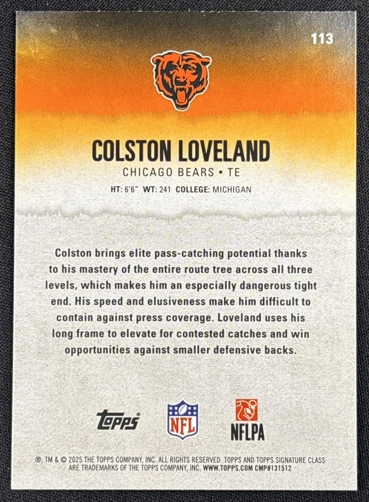 Colston Loveland 2025 Topps Signature Class Rookie Red & Black Foil Bears