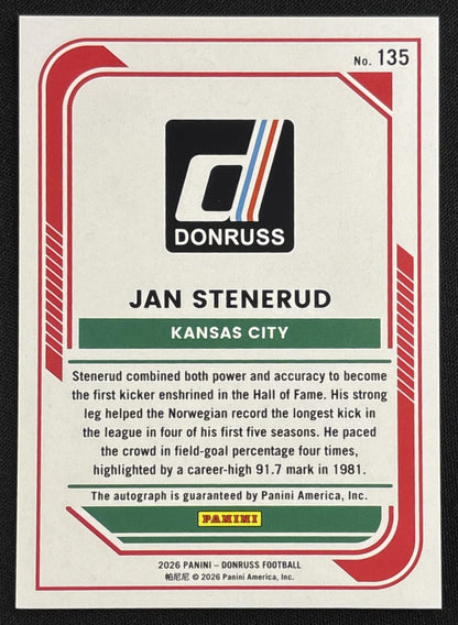 Jan Stenerud 2026 Panini Donruss Auto Holo /75 Chiefs sports trading card back