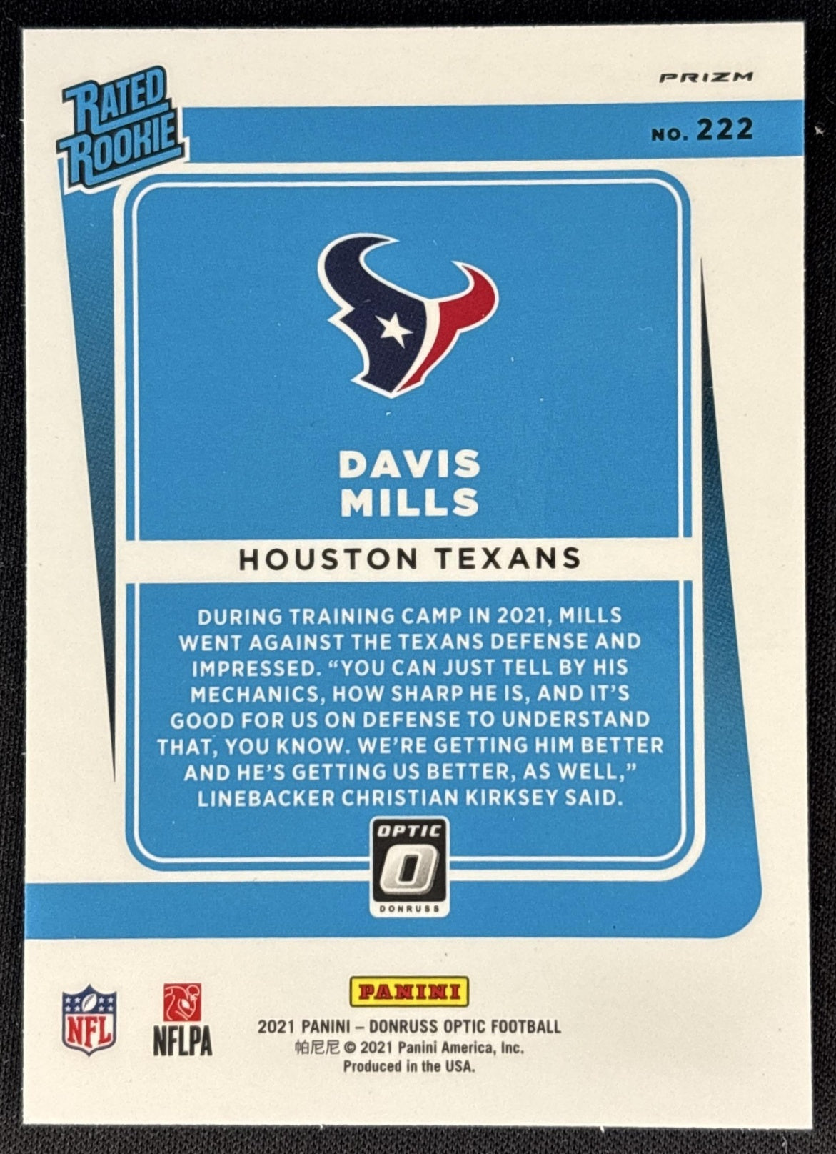 Davis Mills 2021 Panini Donruss Optic Blue Hyper Texans
