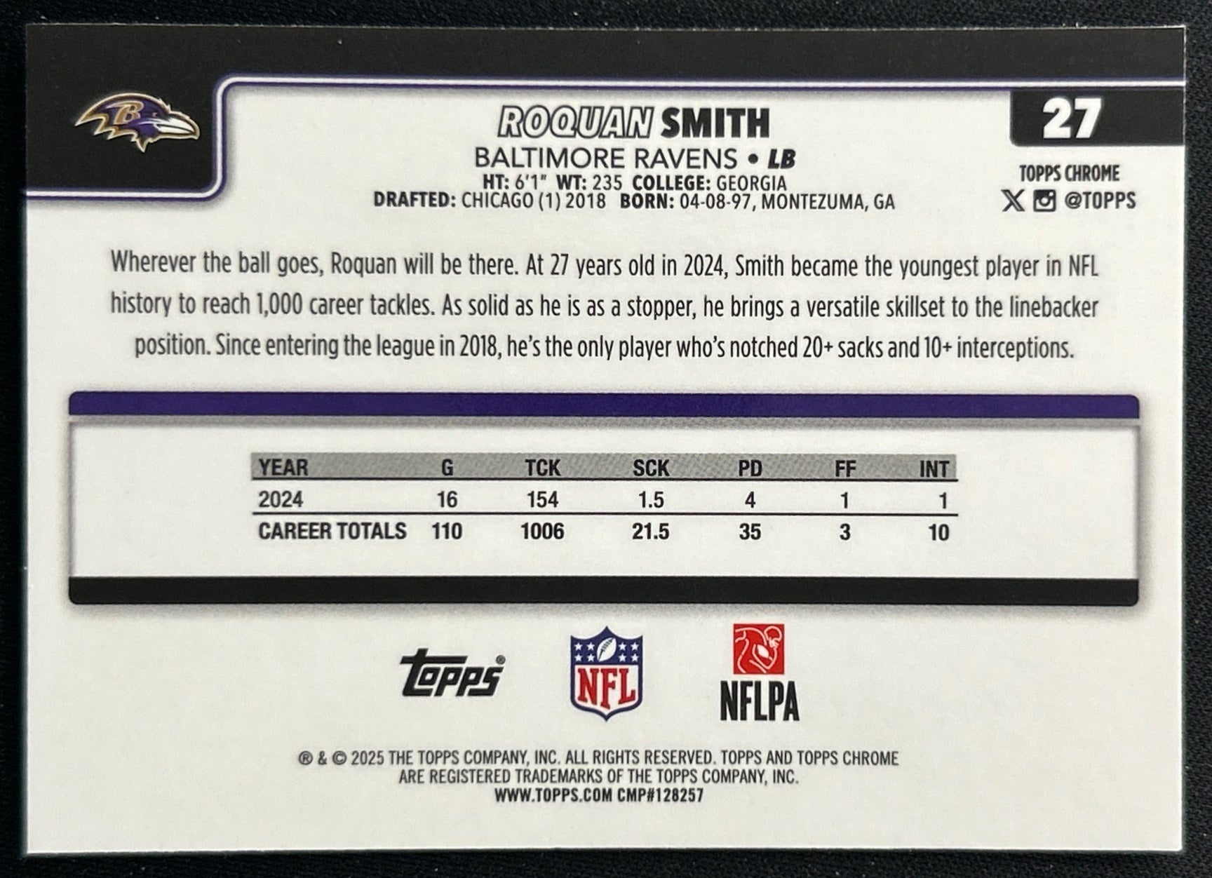 Roquan Smith 2025 Topps Chrome Ravens Sports Trading Cards