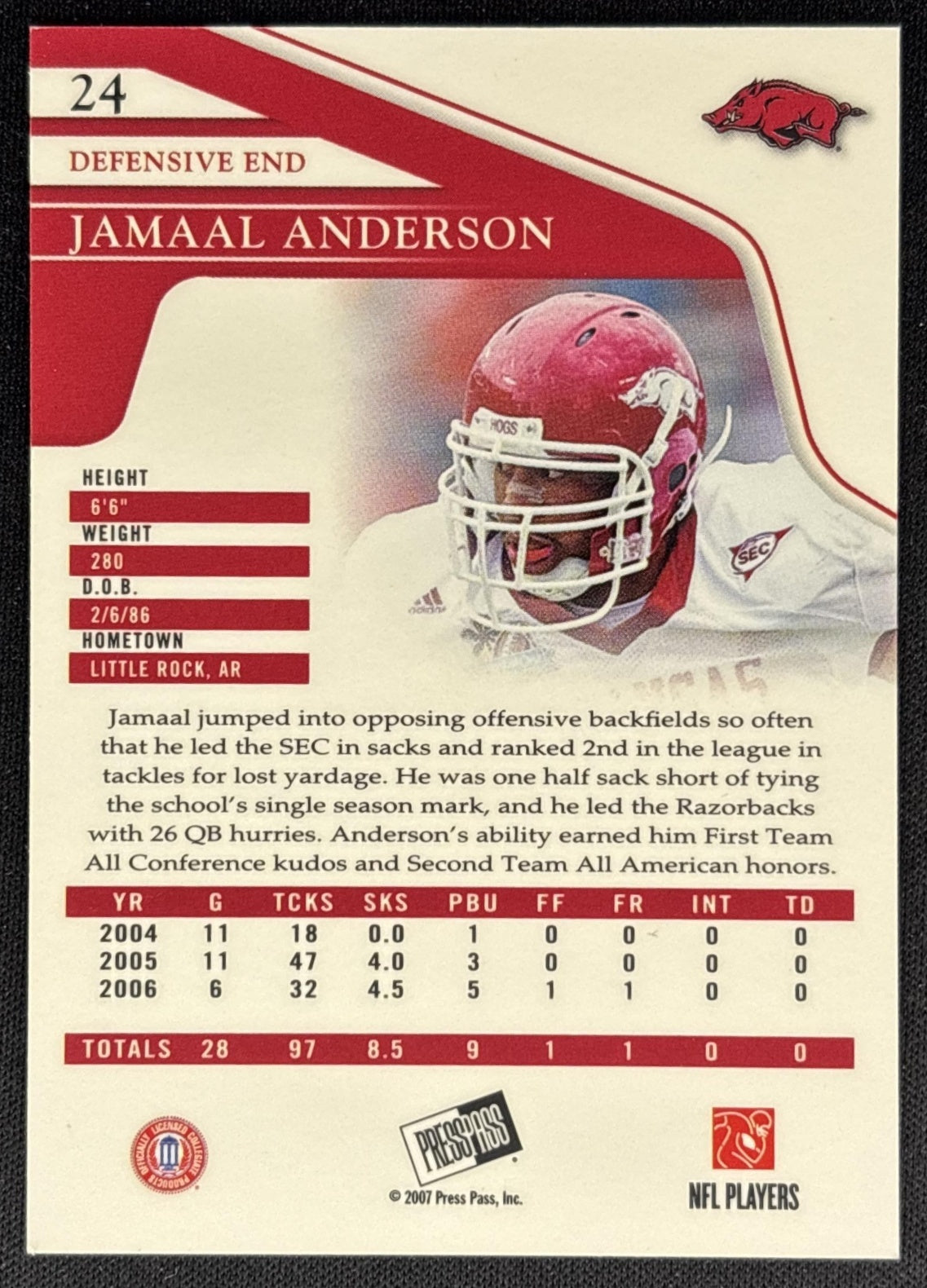 Jamaal Anderson 2007 Press Pass Reflectors /500 Razorbacks back