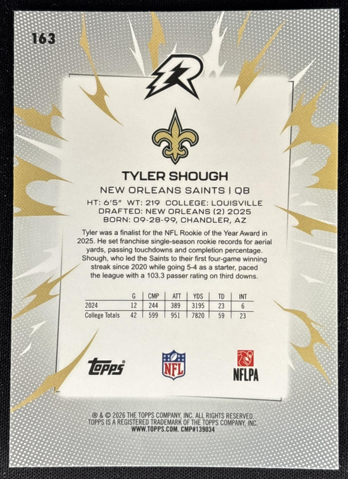 Tyler Shough 2025 Topps Resurgence Saints back