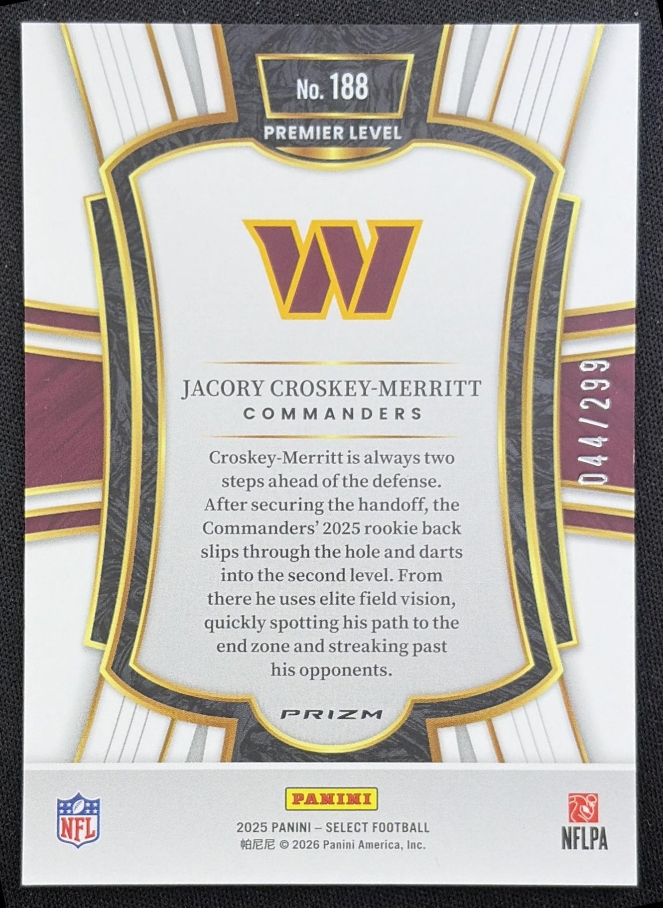 Jacory Croskey-Merritt 2025 Panini Select Premier Level Tri-Color Prizm /299 Commanders Washington Commanders back