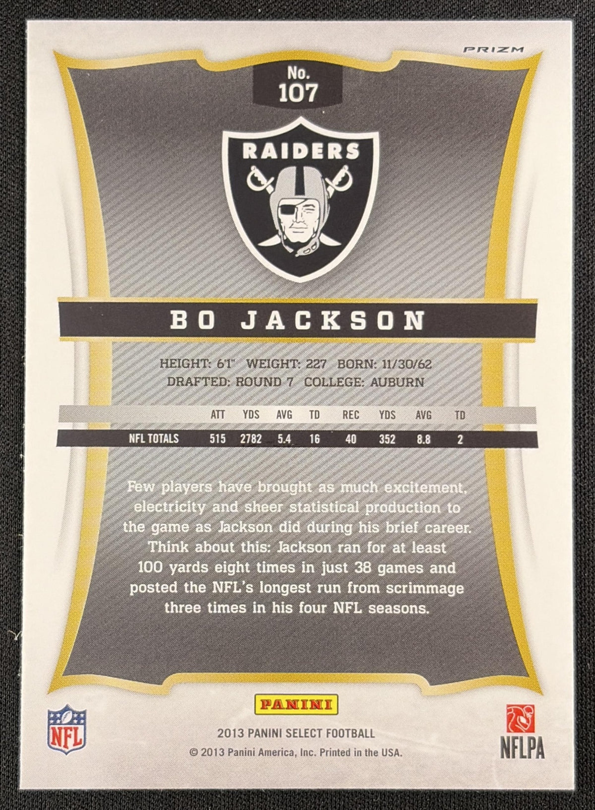 Bo Jackson 2013 Panini Select Prizm Raiders Los Angeles Raiders