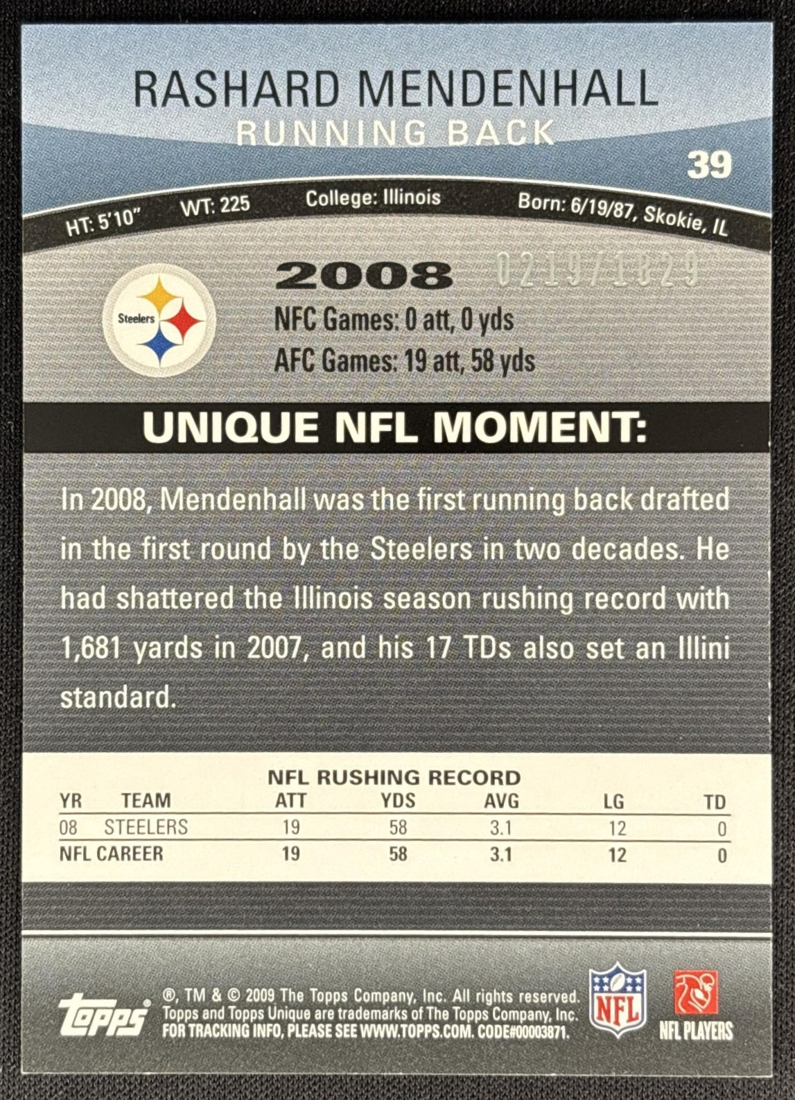 Rashard Menderhall UNique /1829 back