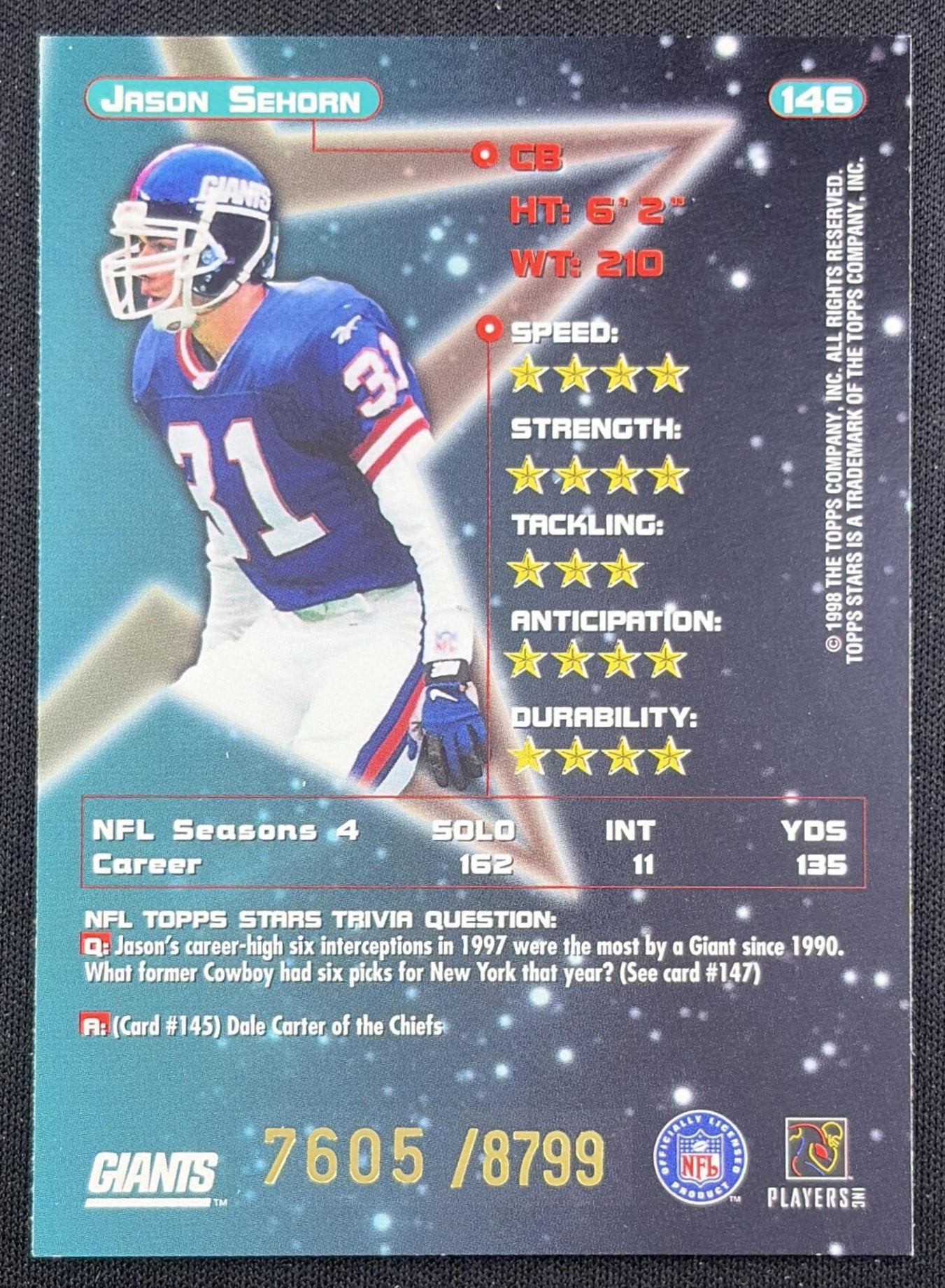 Jason Sehorn 1998 Topps Stars /8799 Giants New York Giants