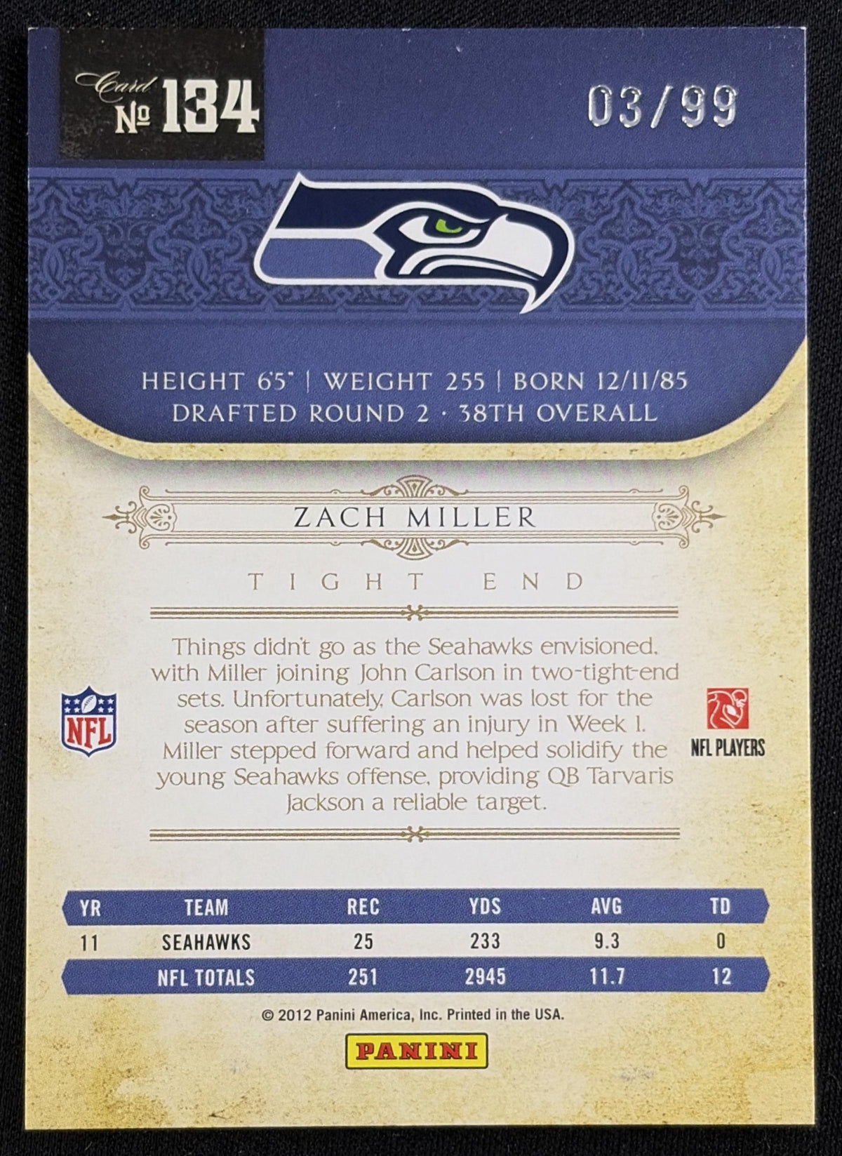 Zach Miller 2011 Panini Playoff National Treasures /99 Seahawks