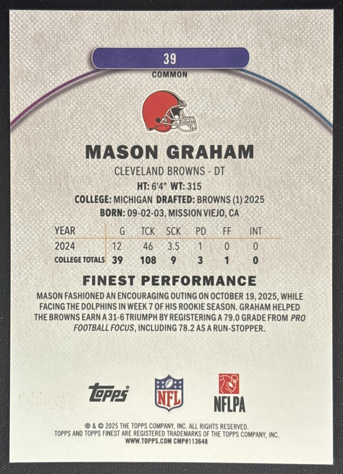 Mason Graham 2025 Topps Finest Purple Geometric Refractor /150 Browns back