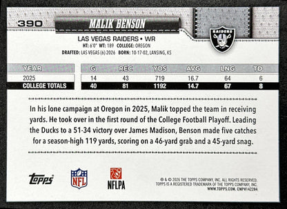 Malik Benson 2026 Topps Flagship Rookie Raiders Sports Trading Cards