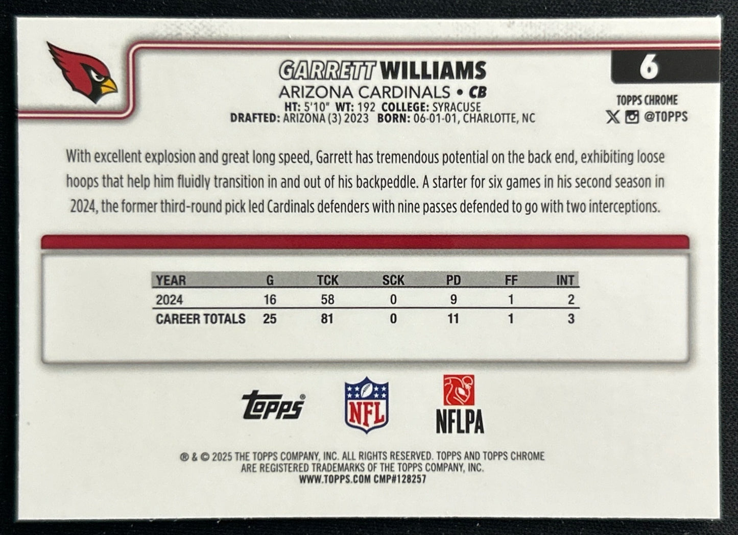 Garrett Williams 2025 Topps Chrome Cardinals Sports Trading Cards