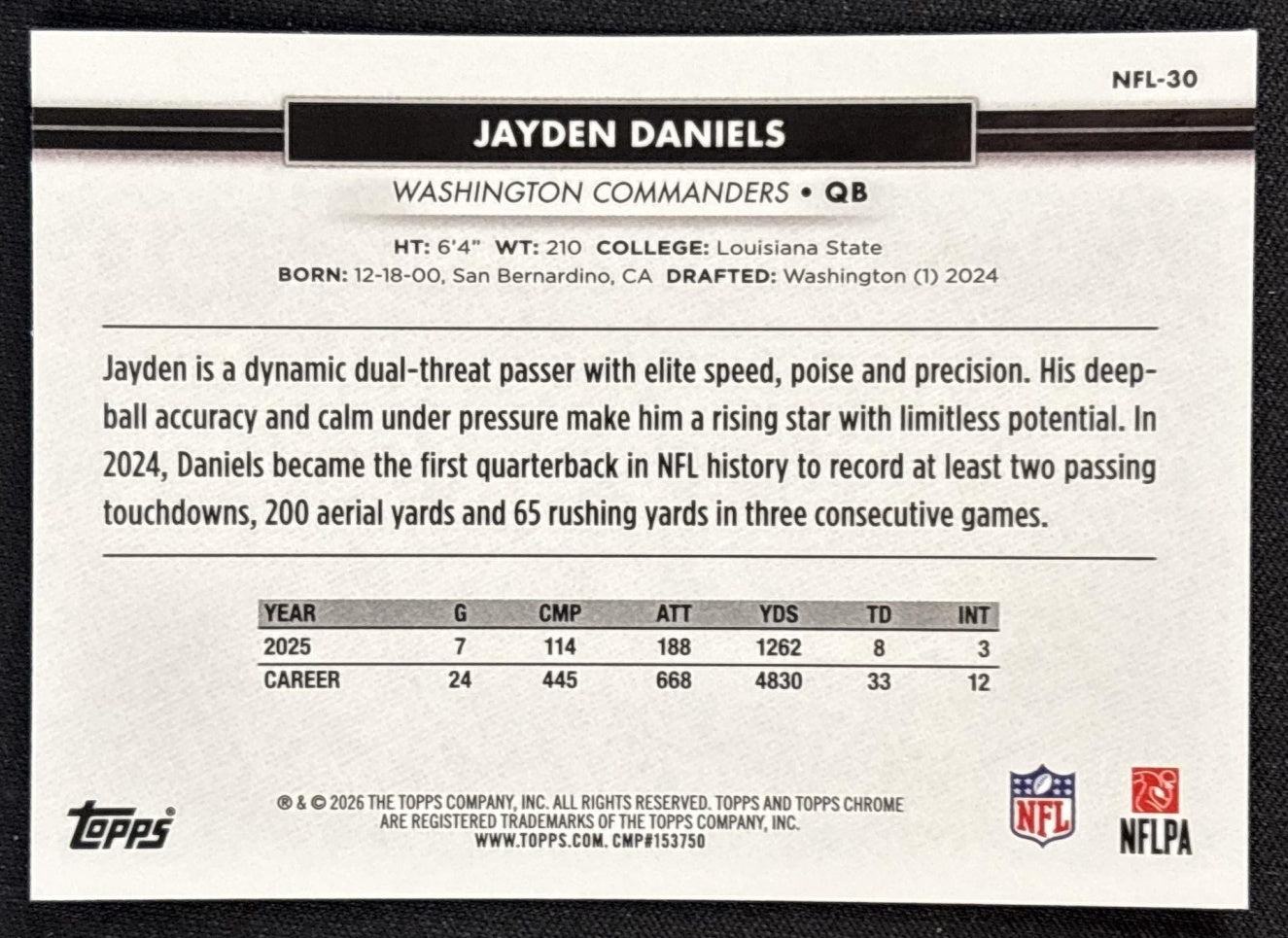 Jayden Daniels 2026 Topps NSCC Collection NFL Commanders Sports Trading Cards