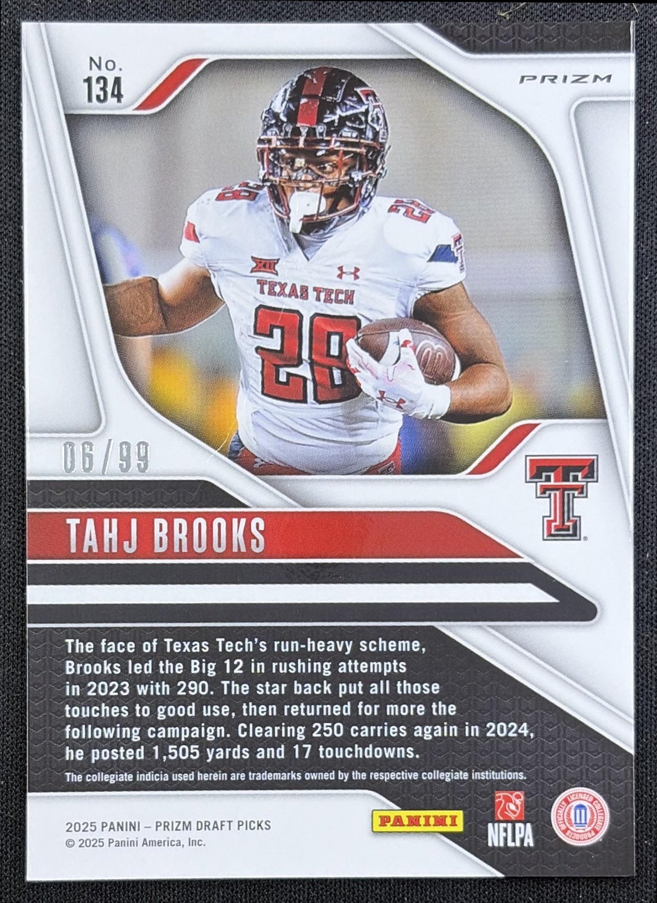Tahj Brooks 2025 Panini Prizm Draft Picks Purple /99 Red Raiders