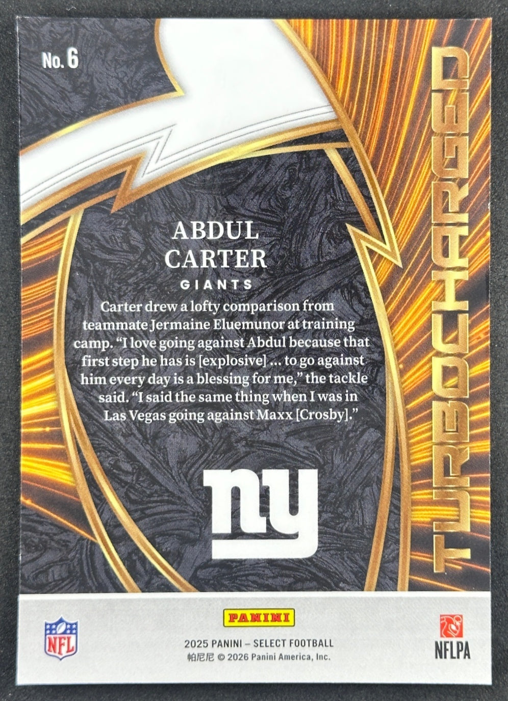 Abdul Carter 2025 Panini Select Turbocharged Giants Sports Trading Cards