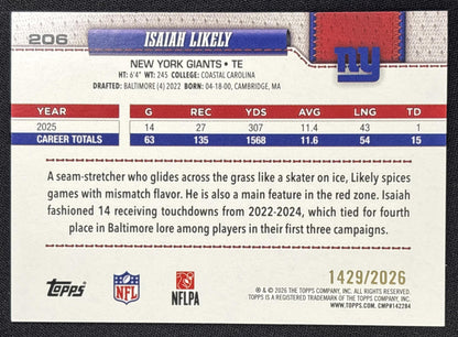 Isaiah Likely 2026 Topps Gold /2026 Giants